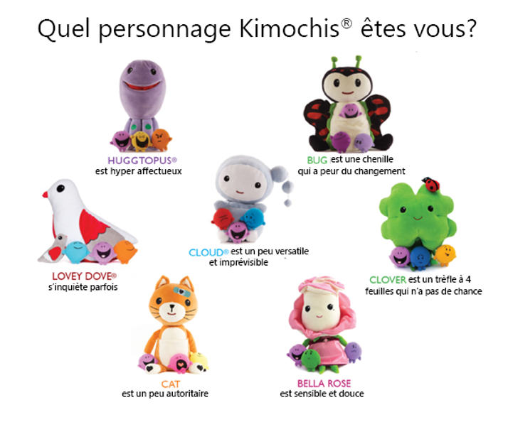 Les personnages Kimochis cloud, bug, Lové dove, huggtopus, cat clover Bella rose
